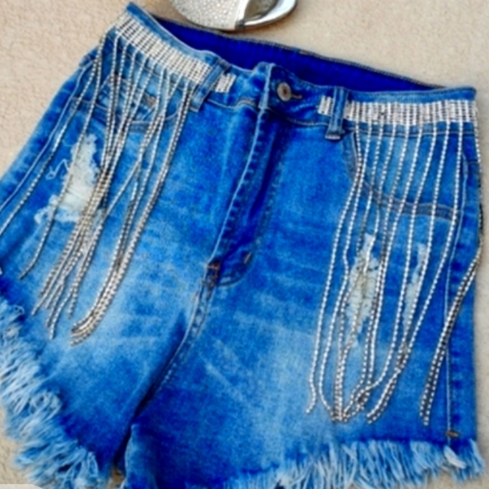 High waisted distressed rhinestone fringe jean shorts - Picture 2 of 16